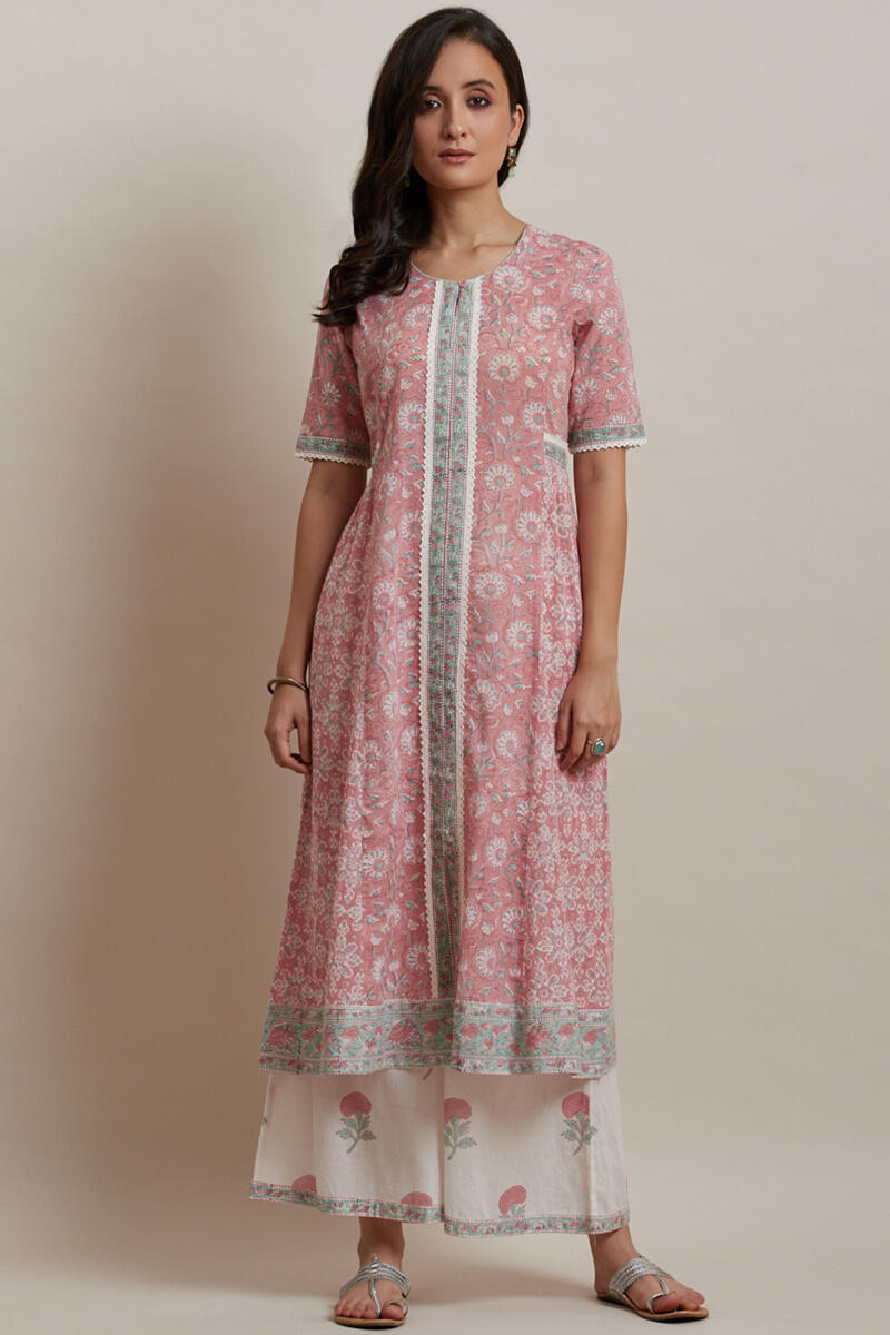 Pink Block Printed A-line Cotton Kurta