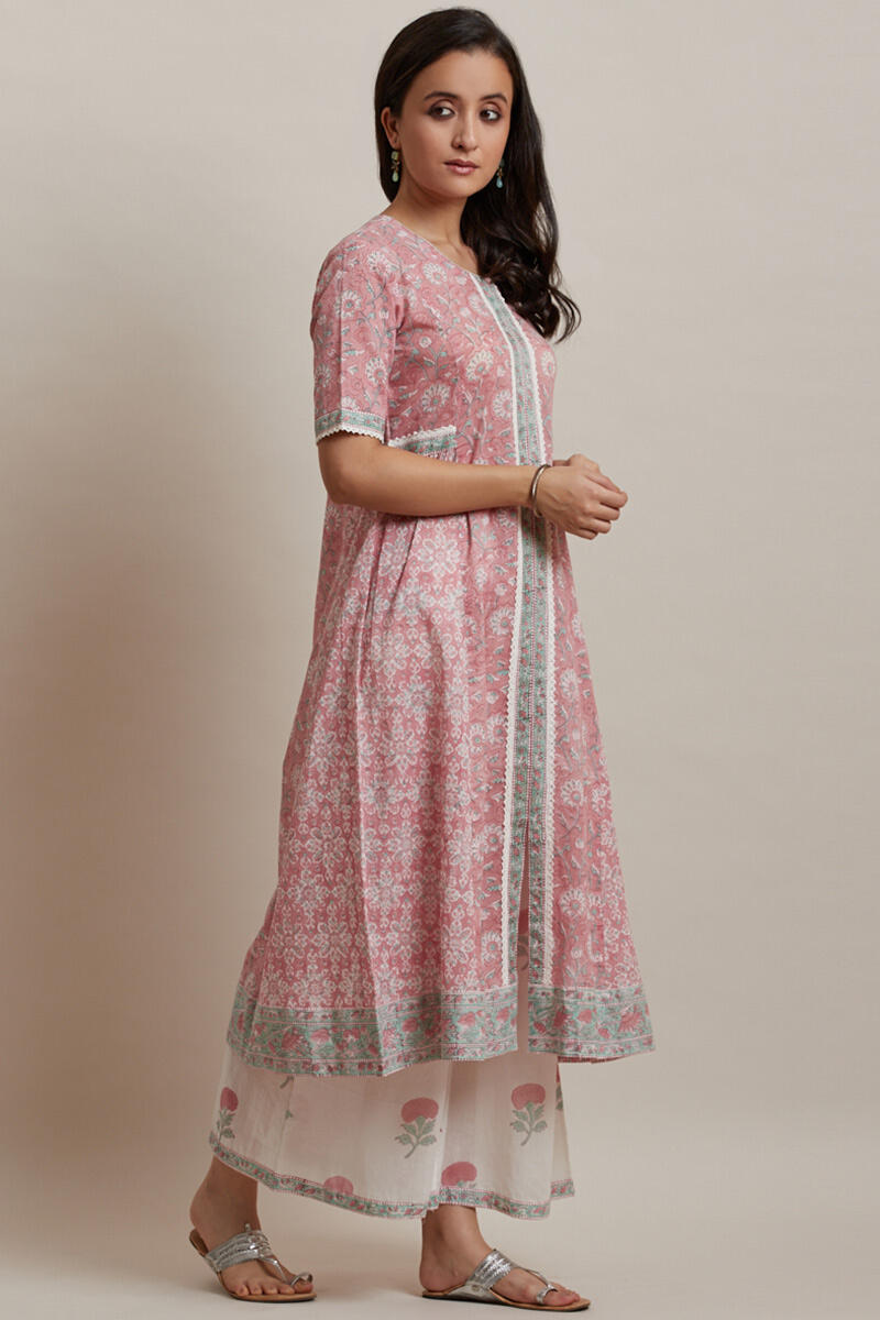 Pink Block Printed A-line Cotton Kurta