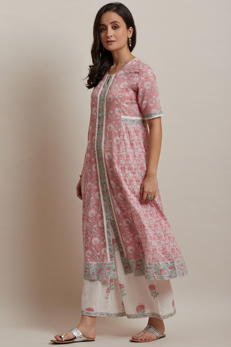 Pink Block Printed A-line Cotton Kurta