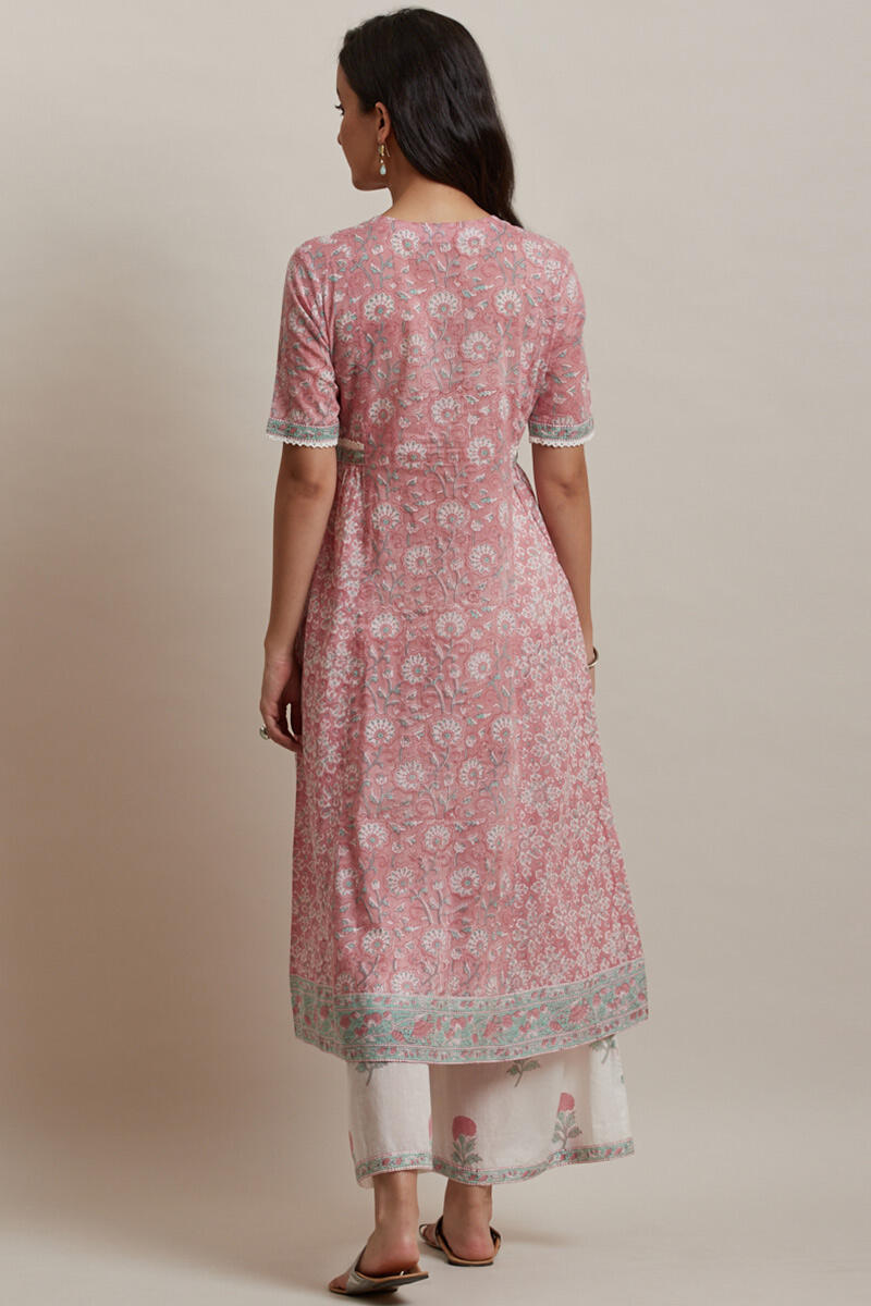 Pink Block Printed A-line Cotton Kurta