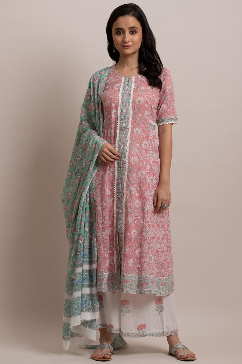 Pink Block Printed A-line Cotton Kurta