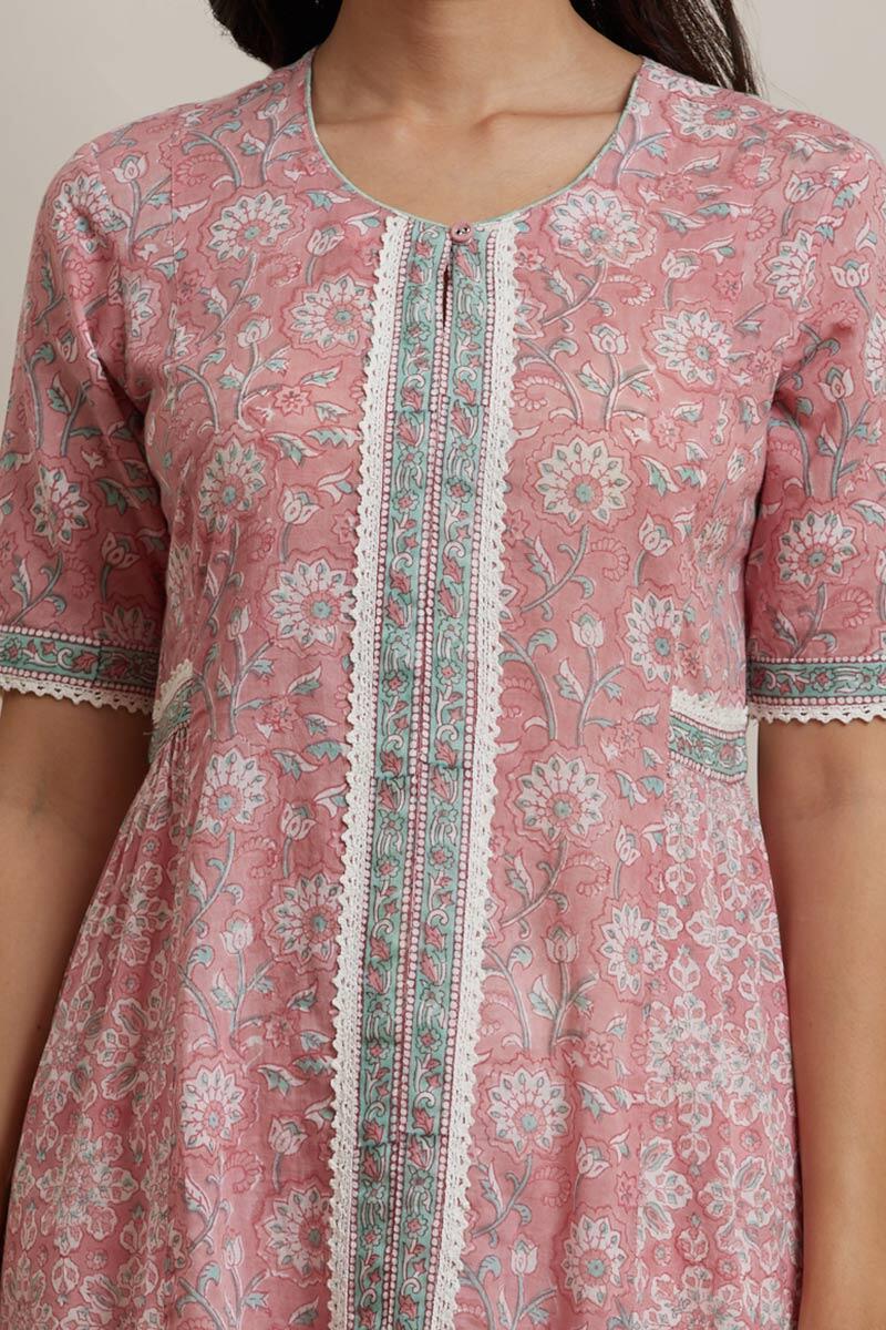 Pink Block Printed A-line Cotton Kurta