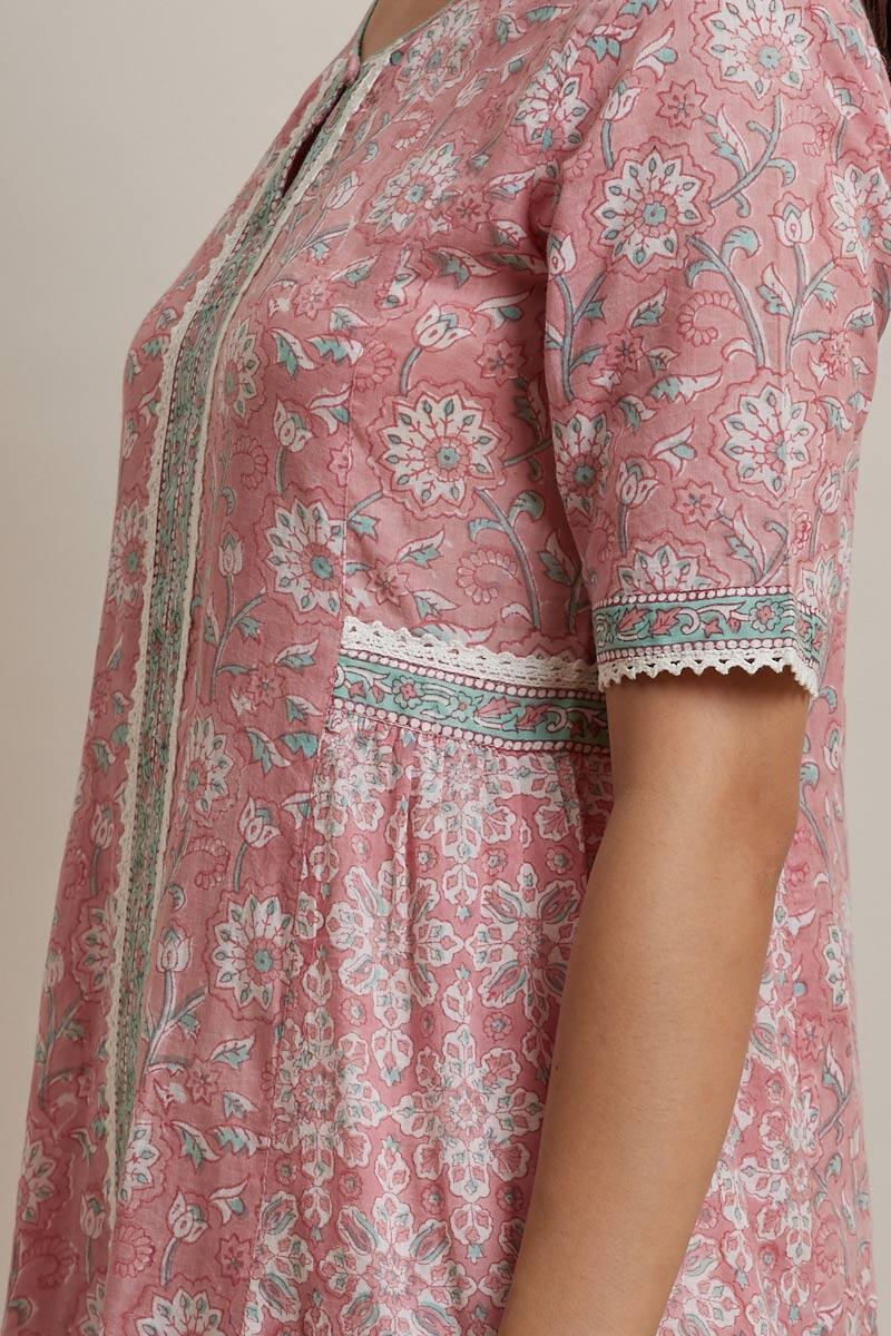 Pink Block Printed A-line Cotton Kurta