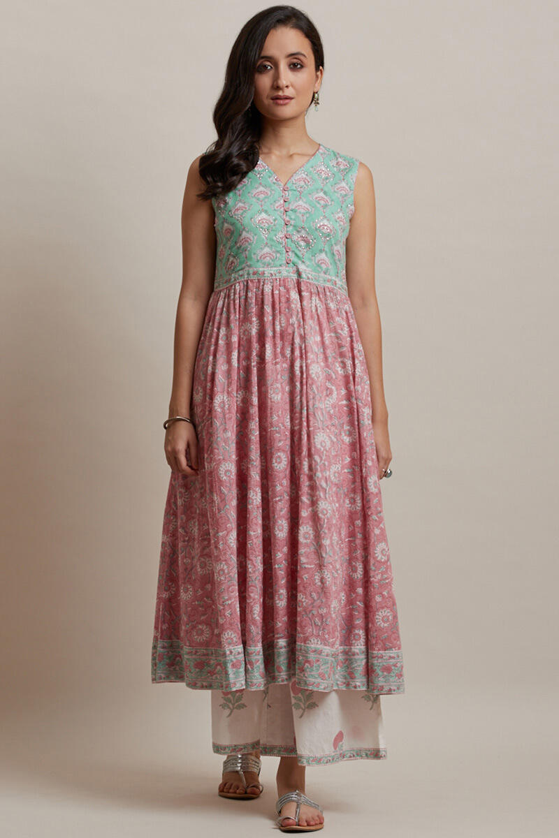 Pink Block Printed Anarkali Cotton Kurta