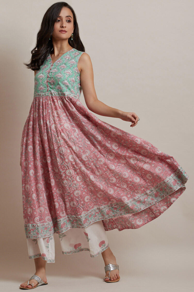 Pink Block Printed Anarkali Cotton Kurta