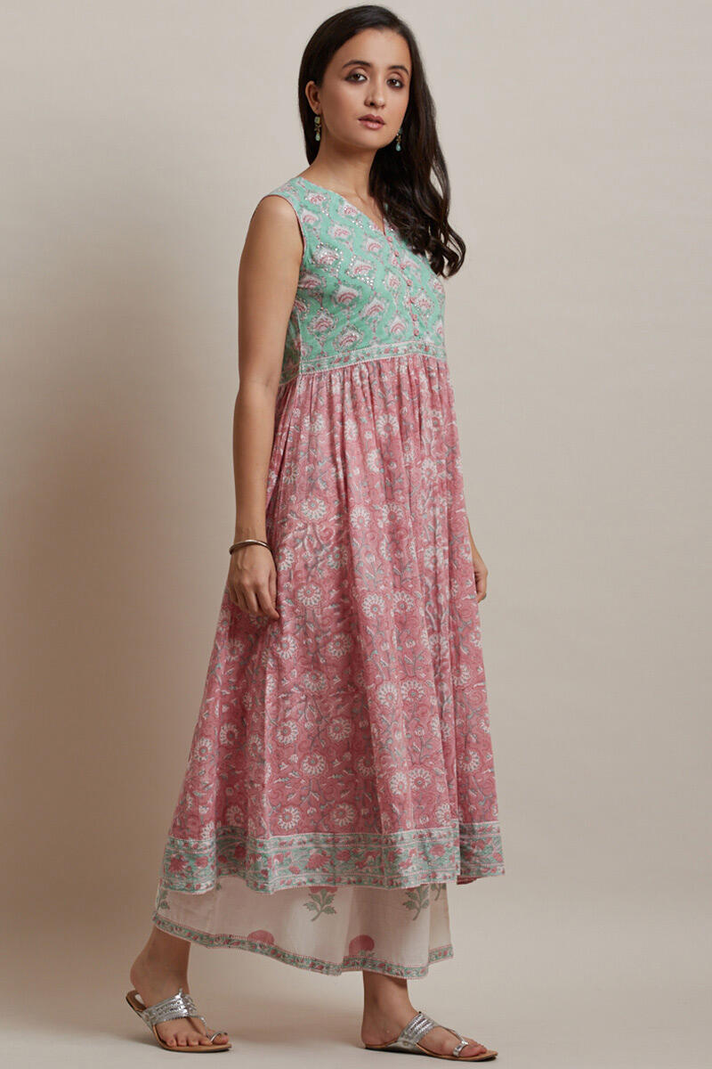 Pink Block Printed Anarkali Cotton Kurta