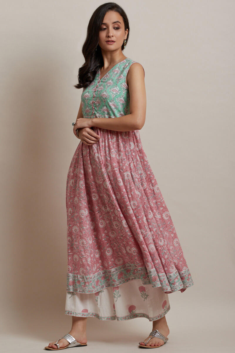 Pink Block Printed Anarkali Cotton Kurta