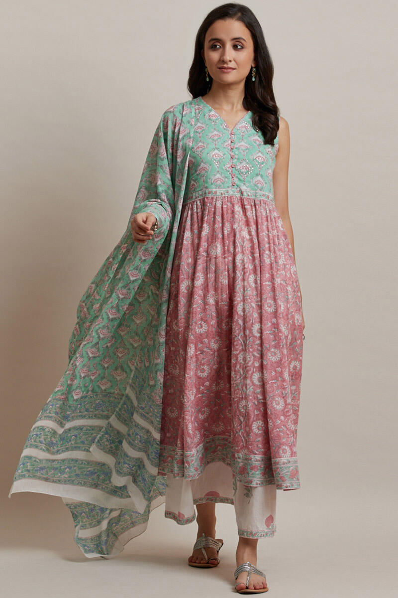 Pink Block Printed Anarkali Cotton Kurta