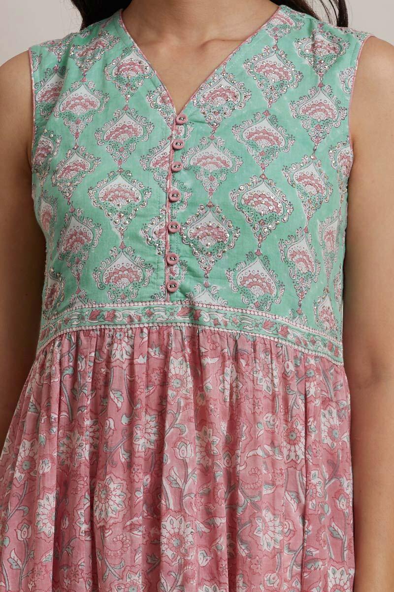 Pink Block Printed Anarkali Cotton Kurta