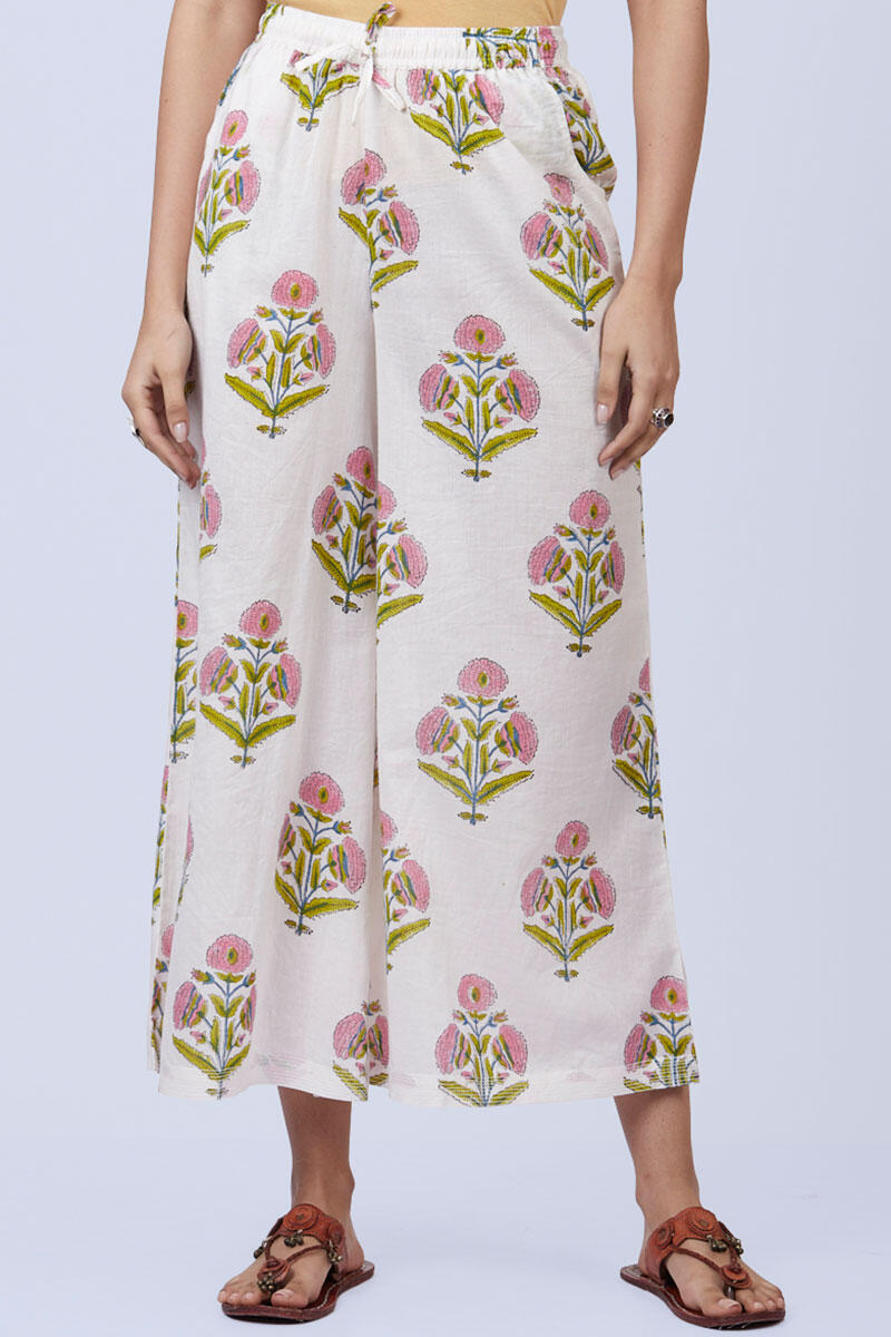 White Block Printed Cotton Palazzo