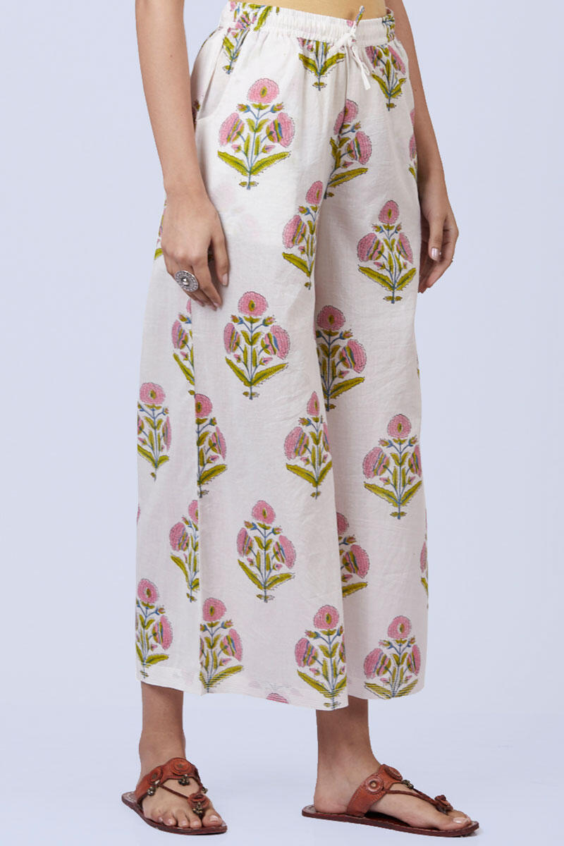 White Block Printed Cotton Palazzo