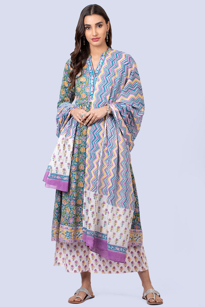 Purple Block Printed Cotton Dupatta