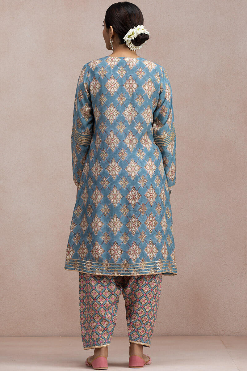 Blue Block Printed A-Line Modal Kurta