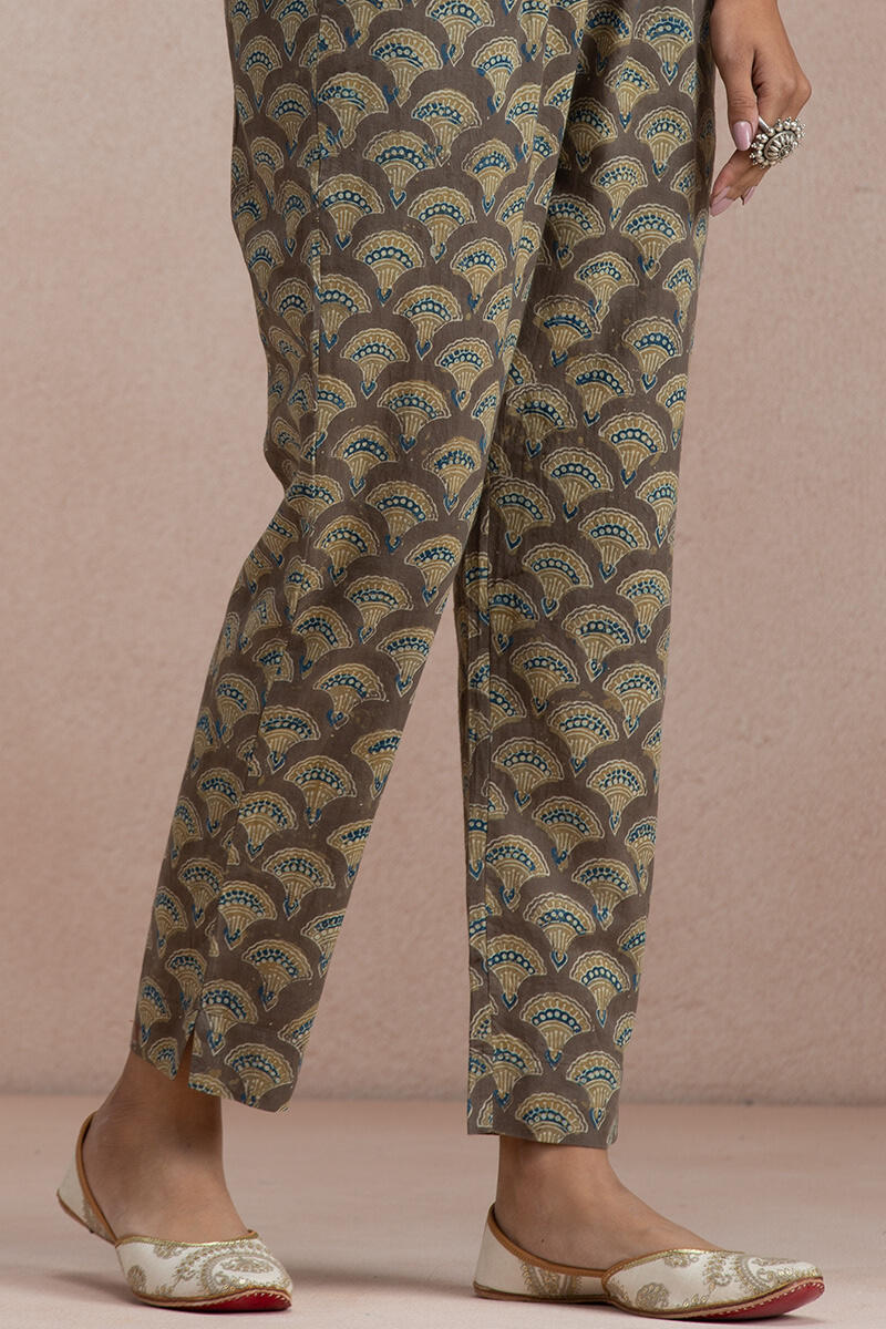 Brown Block Printed Cotton Narrow Pants