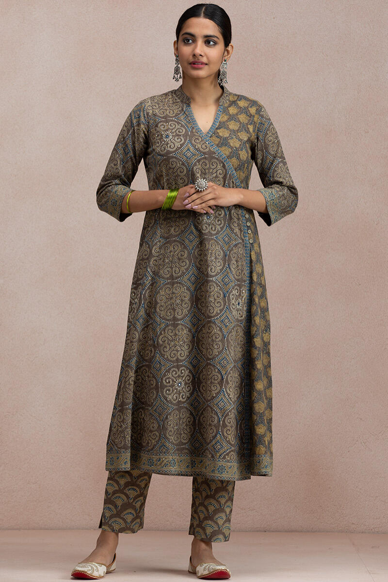 Brown Block Printed Angrakha Cotton Kurta