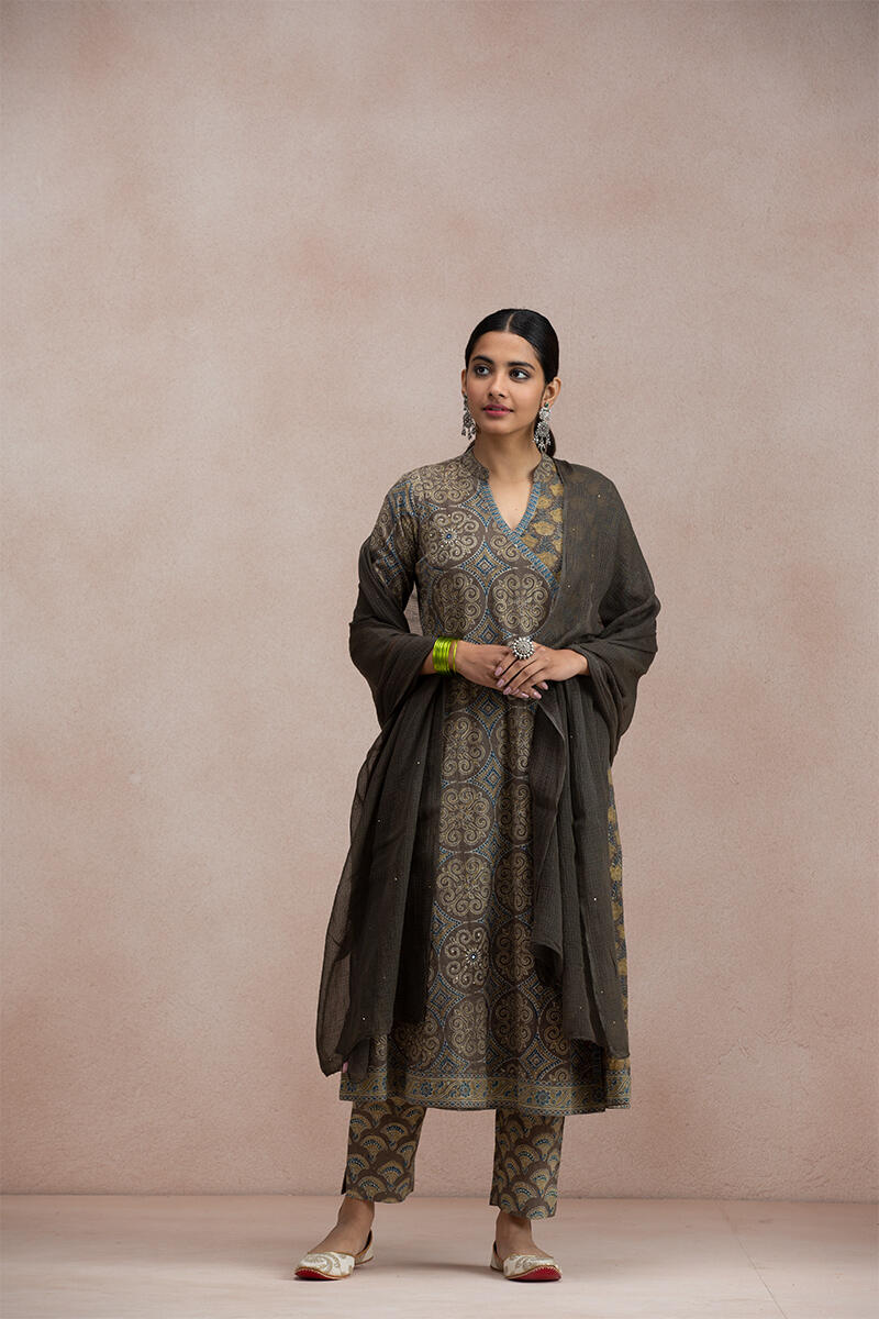 Brown Block Printed Angrakha Cotton Kurta