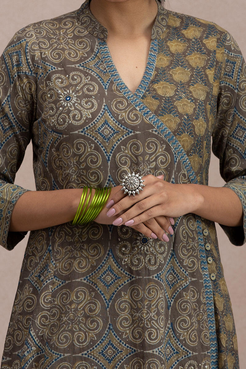 Brown Block Printed Angrakha Cotton Kurta