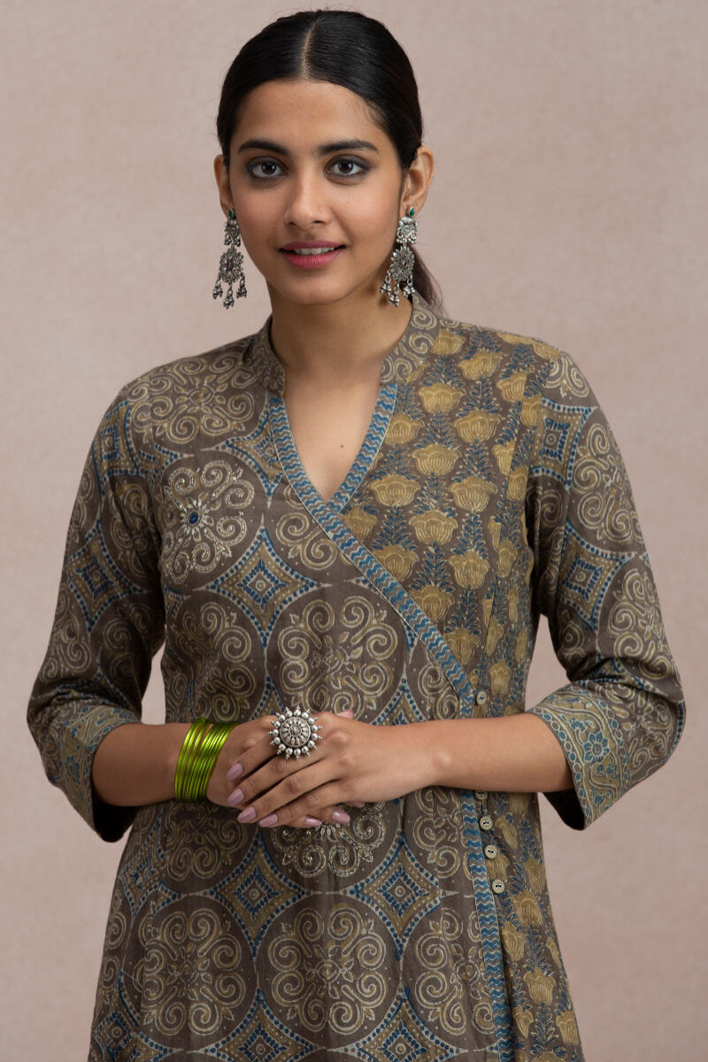 Brown Block Printed Angrakha Cotton Kurta