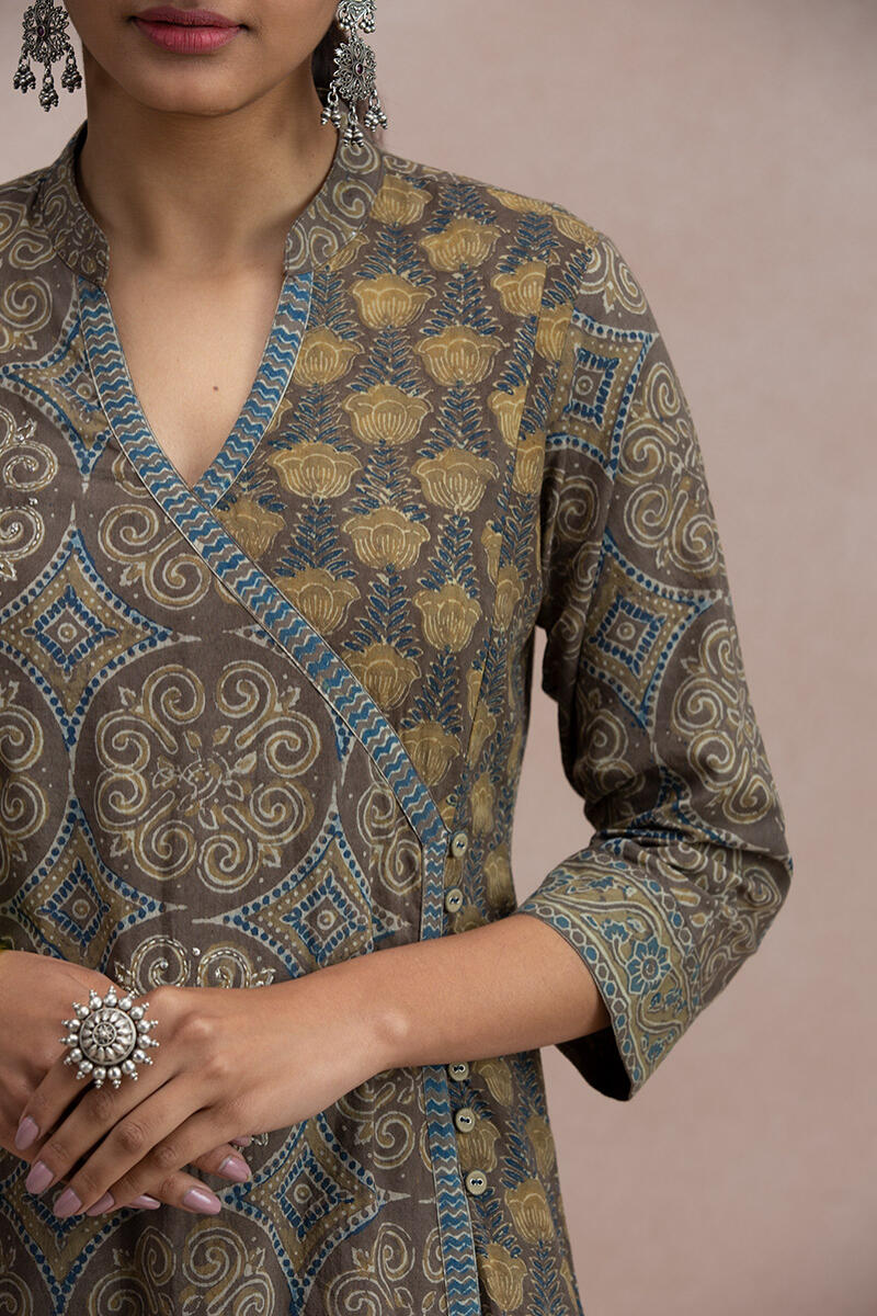 Brown Block Printed Angrakha Cotton Kurta