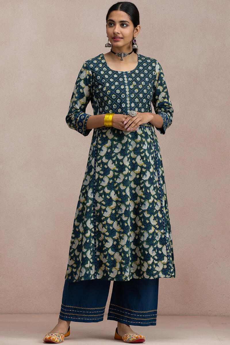 Green Block Printed A-Line Cotton Kurta