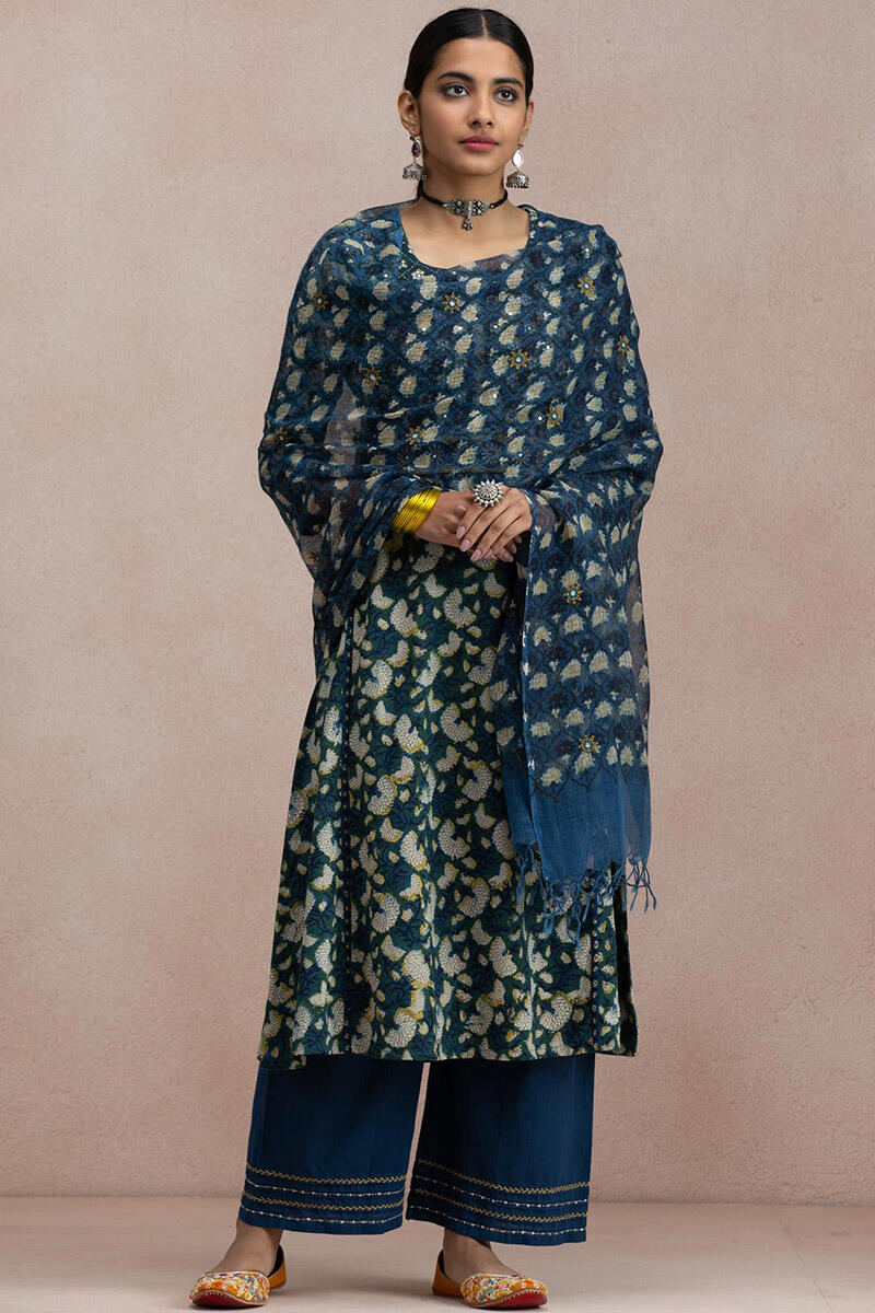 Green Block Printed A-Line Cotton Kurta