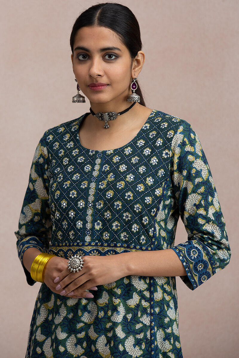 Green Block Printed A-Line Cotton Kurta