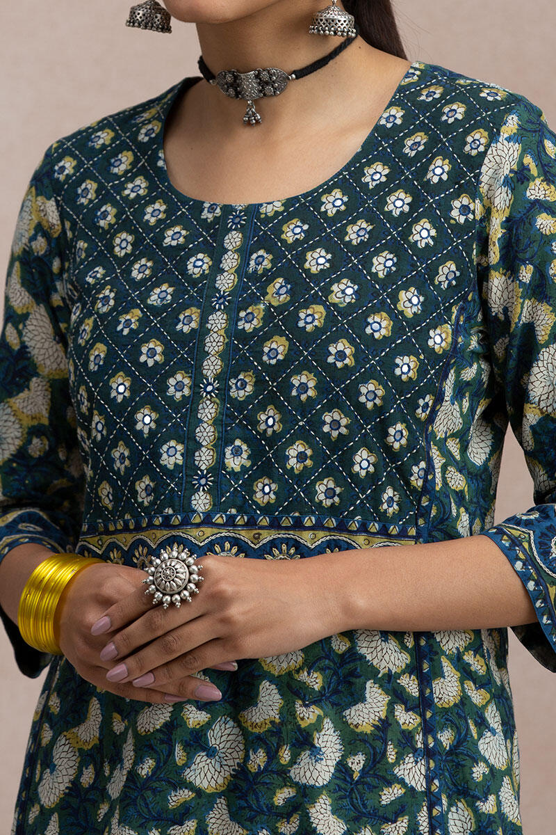 Green Block Printed A-Line Cotton Kurta