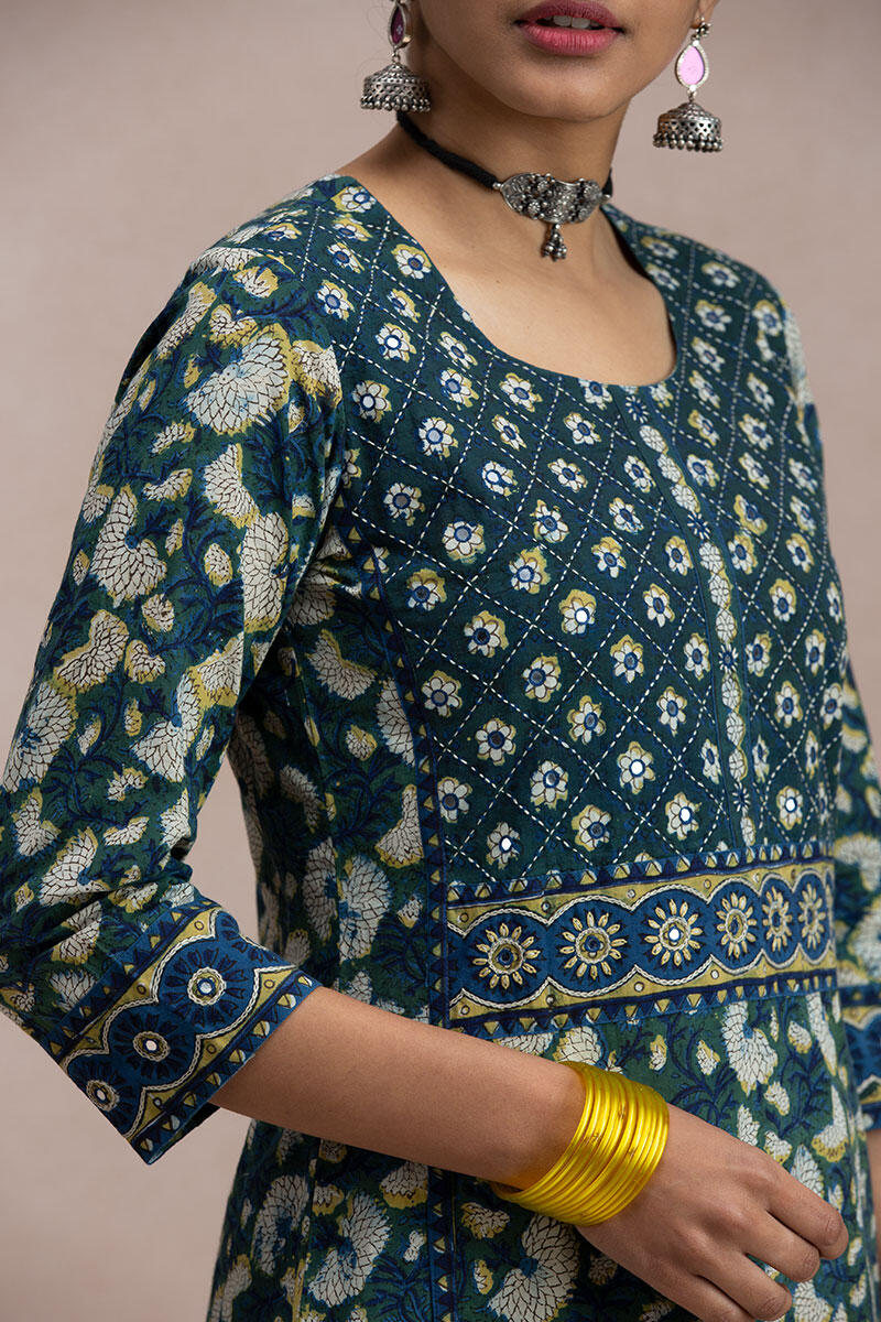 Green Block Printed A-Line Cotton Kurta