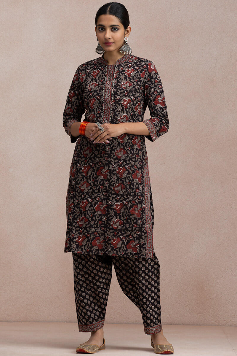 Black Block Printed Straight Cotton Kurta