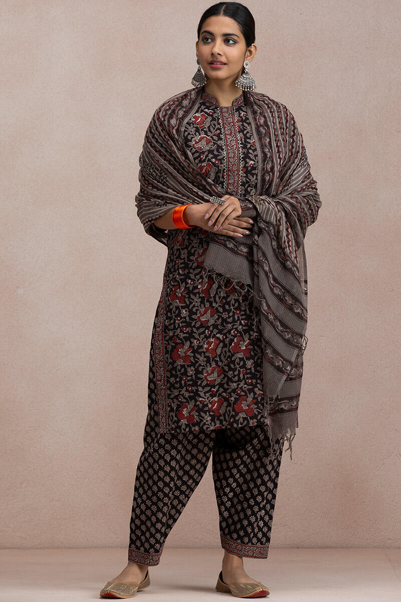 Black Block Printed Straight Cotton Kurta