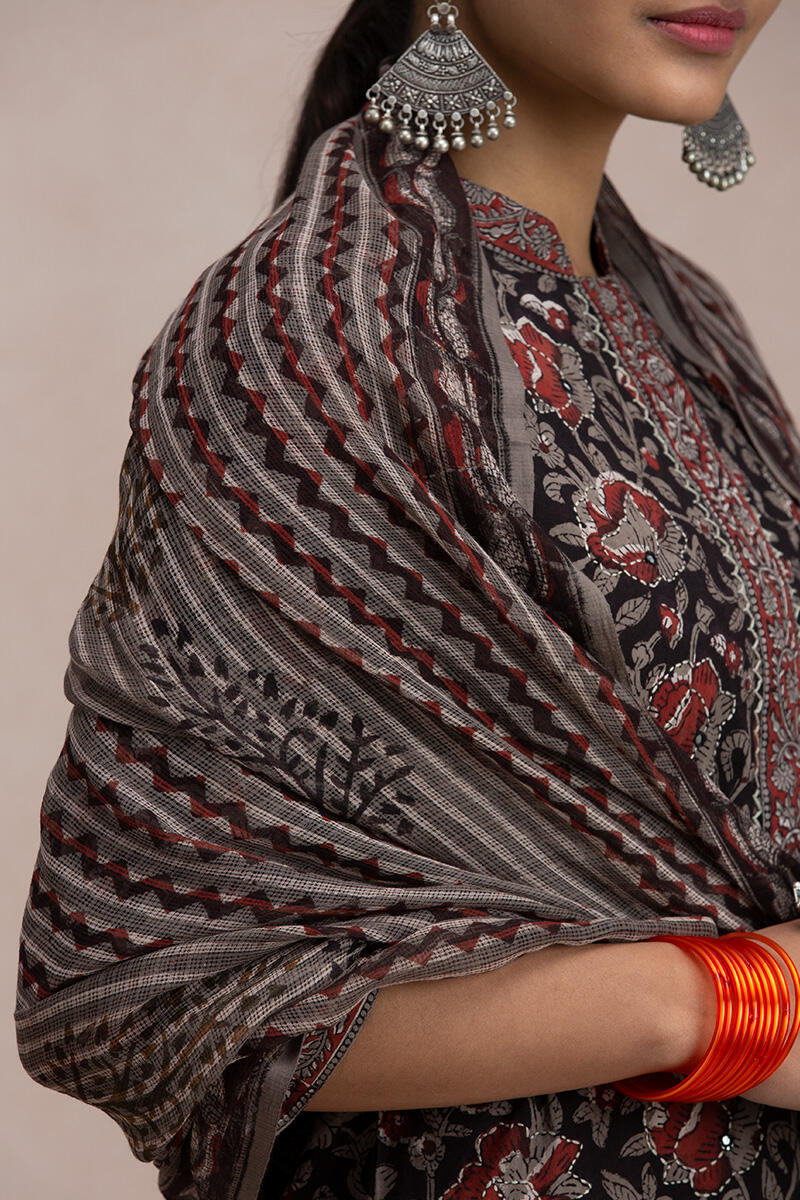 Grey Block Printed Kota Dupatta