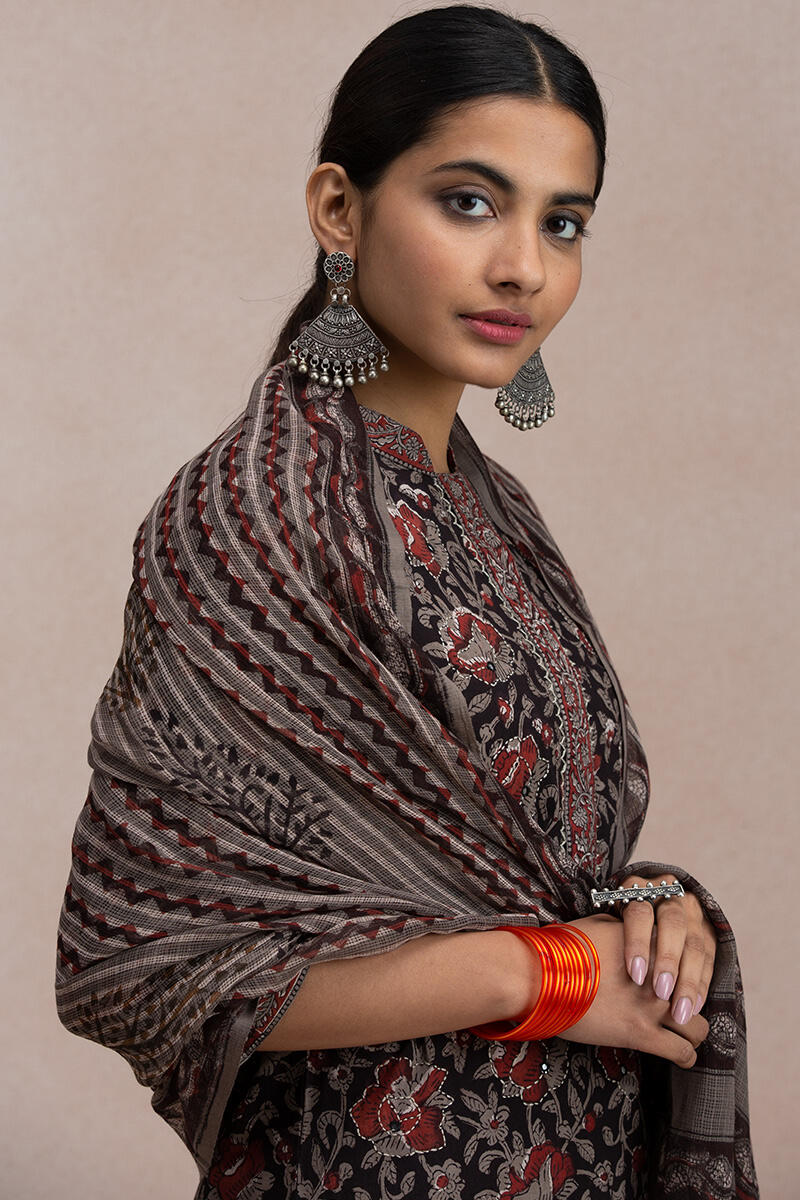 Grey Block Printed Kota Dupatta