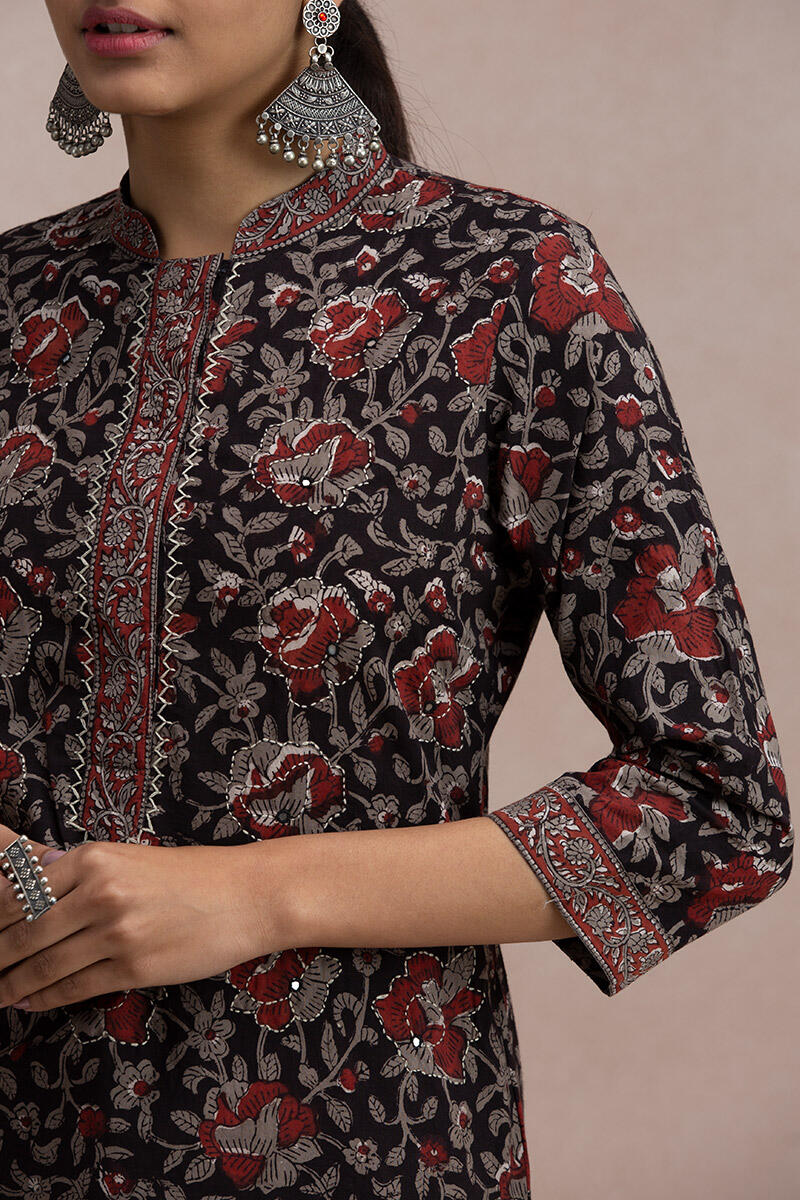 Black Block Printed Straight Cotton Kurta