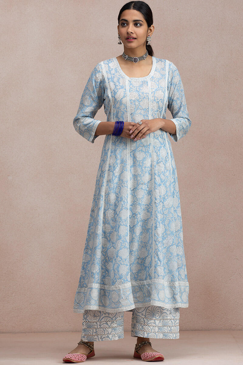 Blue Block Printed Anarkali Cotton Kurta