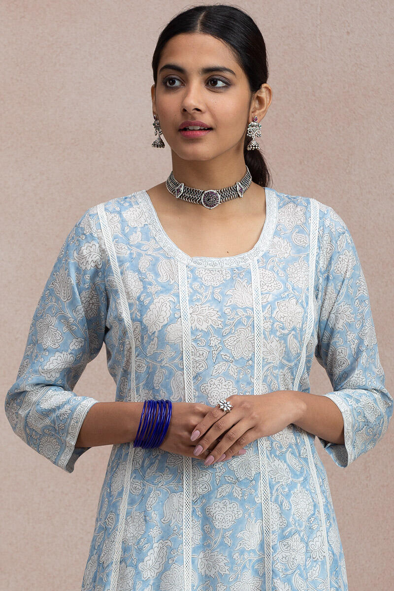 Blue Block Printed Anarkali Cotton Kurta