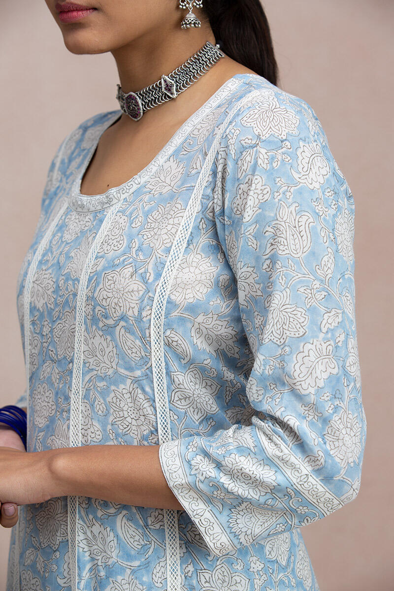 Blue Block Printed Anarkali Cotton Kurta