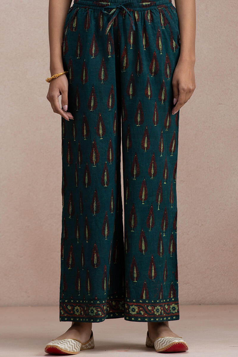 Green Block Printed Cotton Farsi Pants