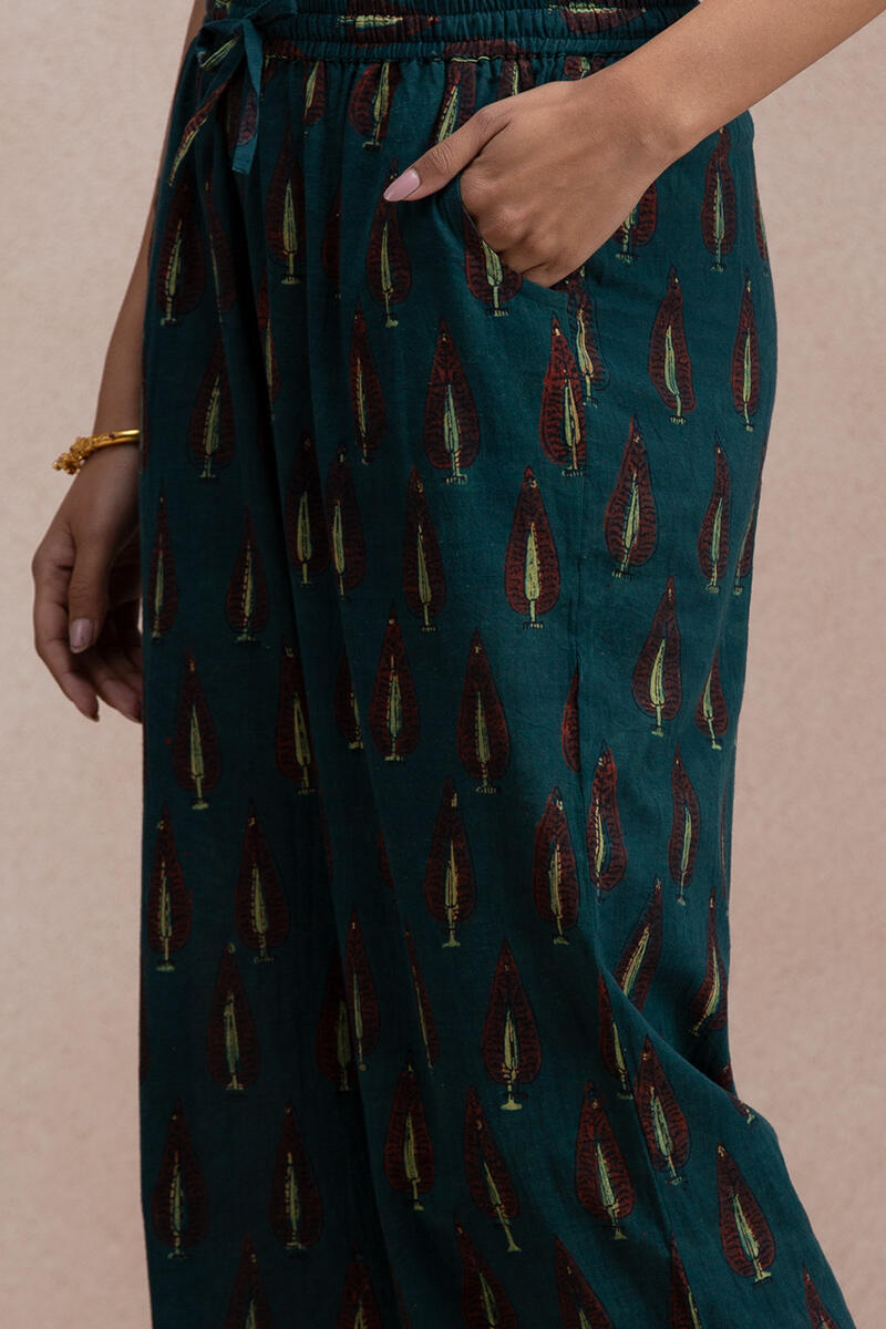 Green Block Printed Cotton Farsi Pants