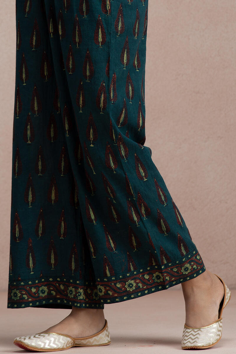 Green Block Printed Cotton Farsi Pants