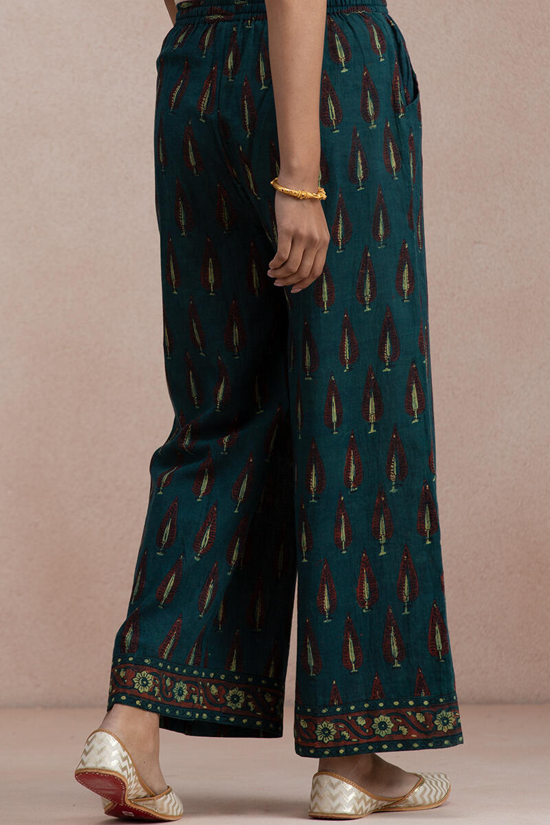 Green Block Printed Cotton Farsi Pants