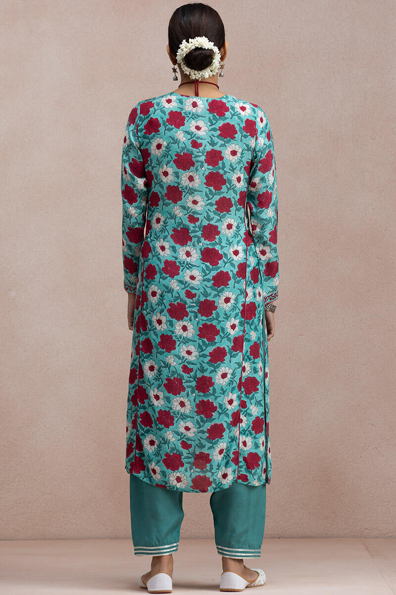 Turquoise Block Printed Straight Modal Kurta