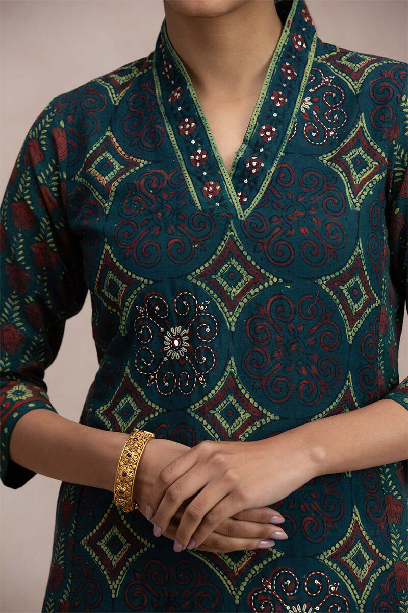 Green Block Printed Straight Cotton Kurta