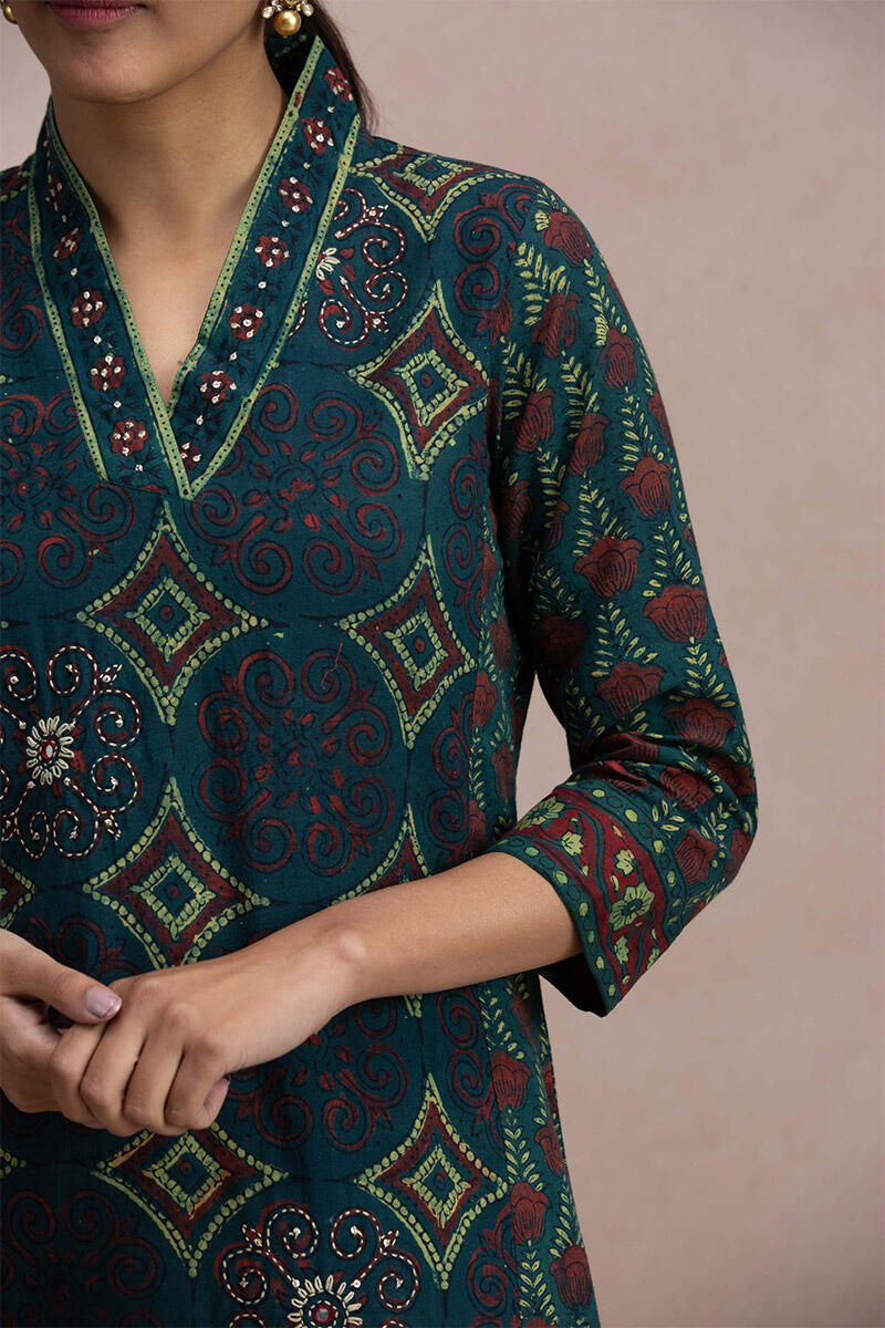 Green Block Printed Straight Cotton Kurta