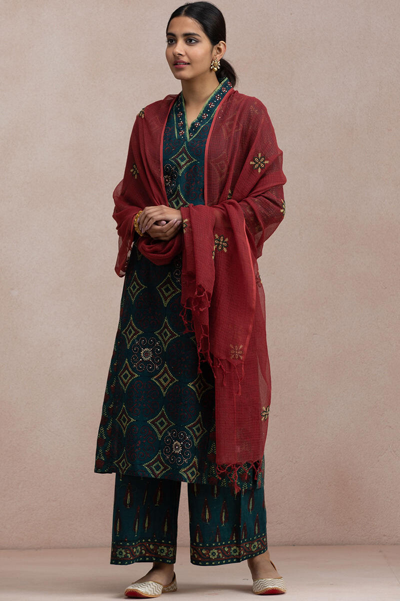 Green Block Printed Straight Cotton Kurta