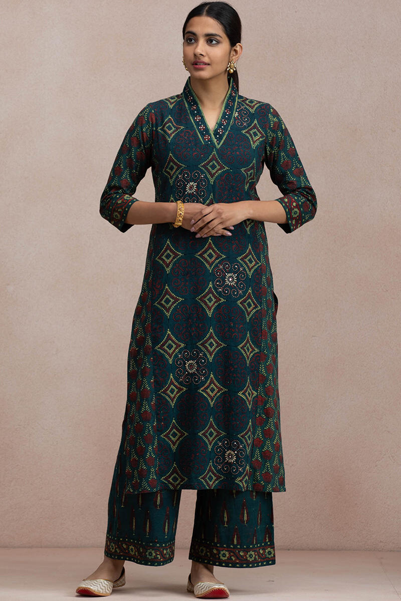 Green Block Printed Straight Cotton Kurta