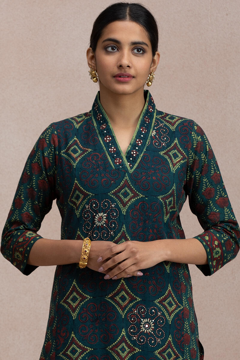 Green Block Printed Straight Cotton Kurta