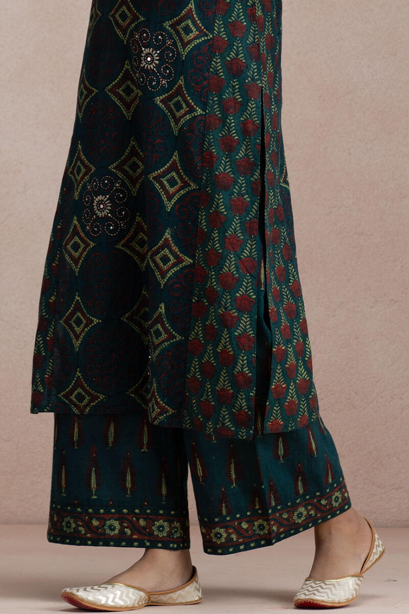 Green Block Printed Straight Cotton Kurta