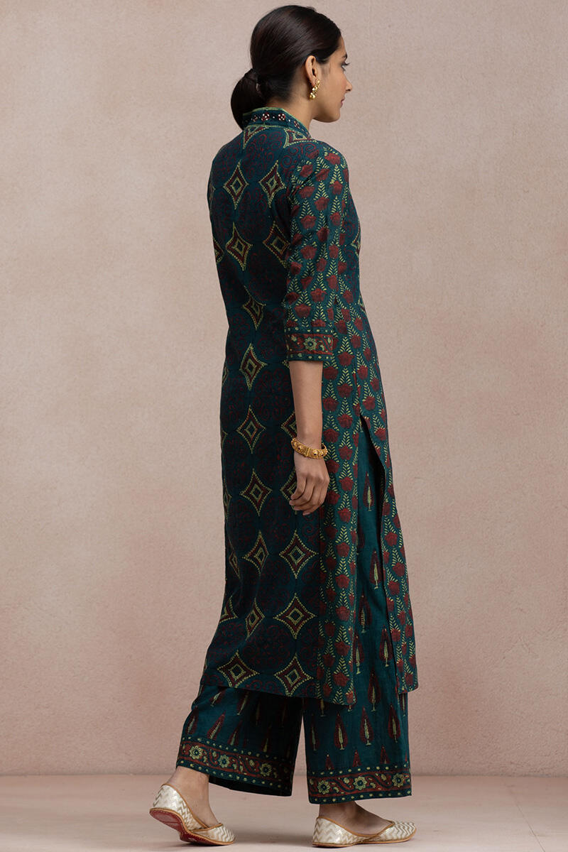 Green Block Printed Straight Cotton Kurta