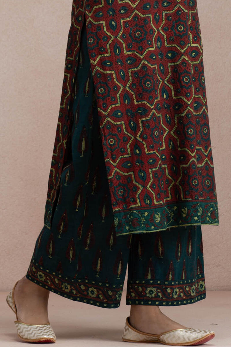 Maroon Block Printed Straight Cotton Kurta