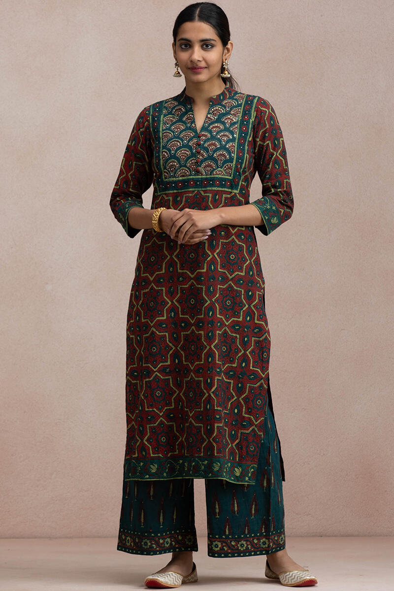 Maroon Block Printed Straight Cotton Kurta